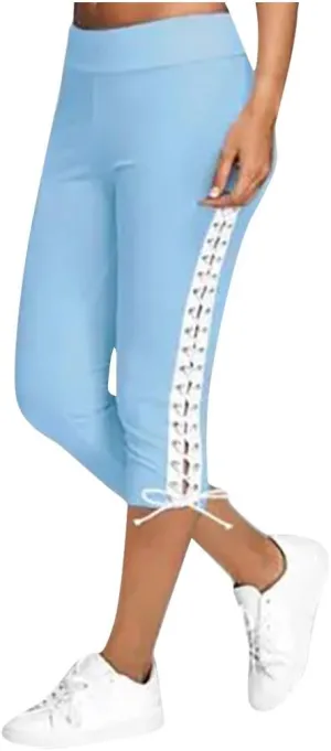 Women Hollow Design Solid Plus Size High Waist Leggings Capri Pants Stretch Workout Pant