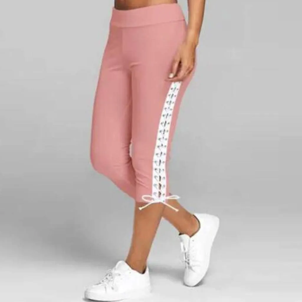 Women Hollow Design Solid Plus Size High Waist Leggings Capri Pants Stretch Workout Pant