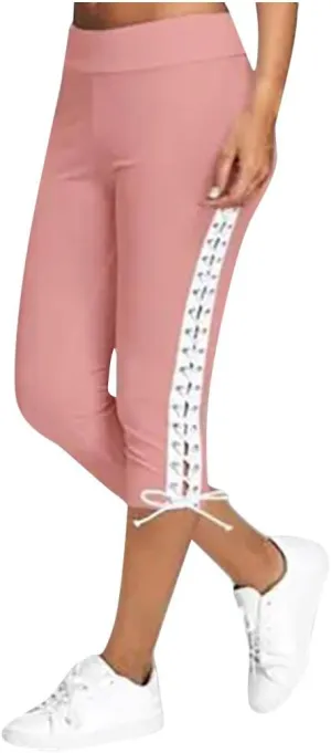 Women Hollow Design Solid Plus Size High Waist Leggings Capri Pants Stretch Workout Pant