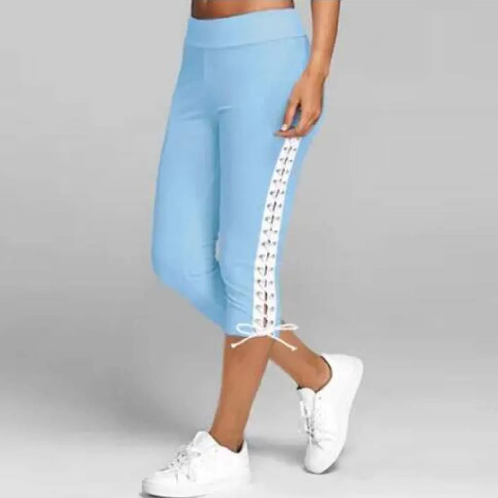 Women Hollow Design Solid Plus Size High Waist Leggings Capri Pants Stretch Workout Pant