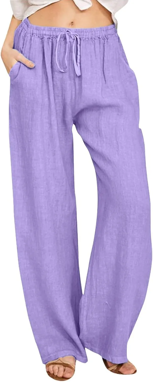 Women Linen Blend Summer Baggy Pants Low Waist Long Lounge Plus Size Pant Trousers Trendy