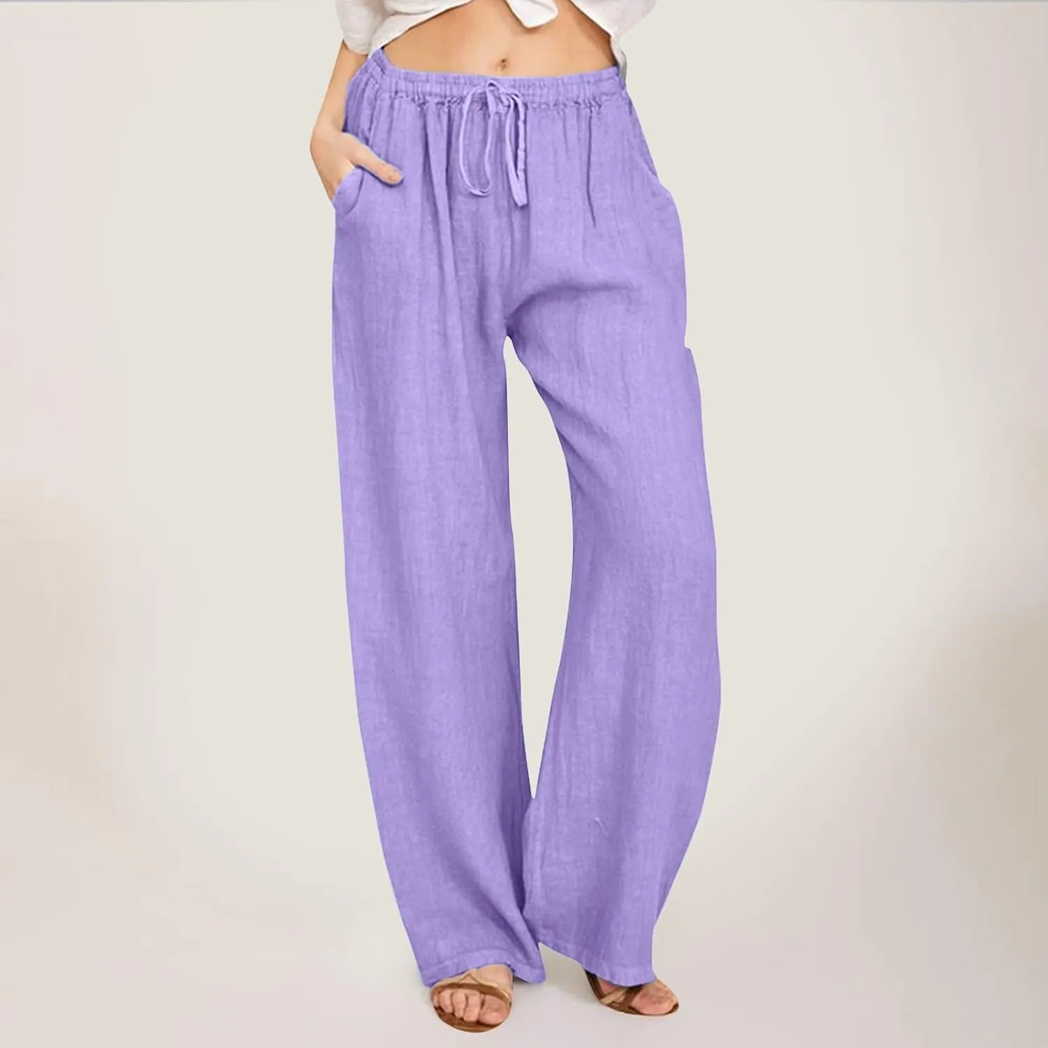 Women Linen Blend Summer Baggy Pants Low Waist Long Lounge Plus Size Pant Trousers Trendy