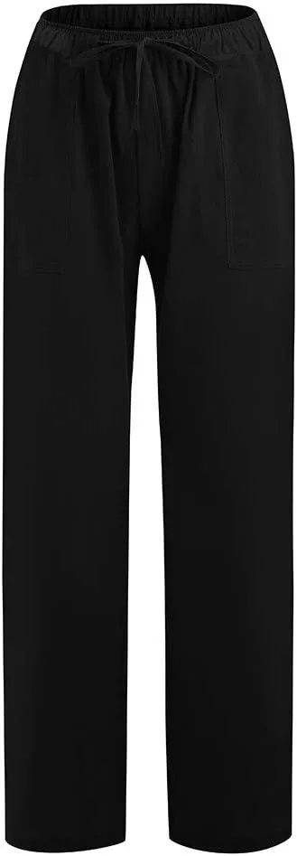 Women Linen Blend Summer Casual Loose Palazzo Lounge Pants Elastic Waist Baggy Stretchy Plus Size Trouser Trendy