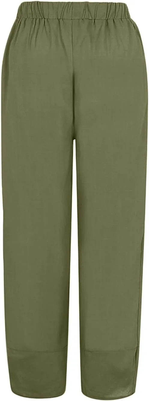 Women Linen Blend Summer Casual Palazzo Lounge Pants Elastic Waist Stretchy Slim Fit Palazzo Lounge Pants