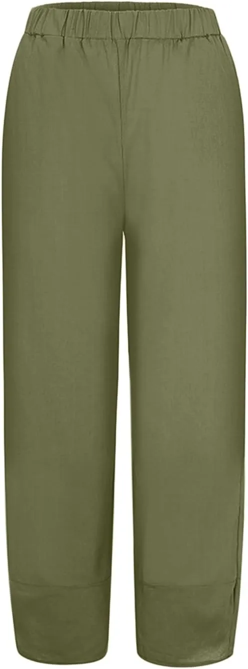 Women Linen Blend Summer Casual Palazzo Lounge Pants Elastic Waist Stretchy Slim Fit Palazzo Lounge Pants