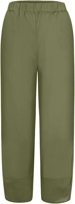 Women Linen Blend Summer Casual Palazzo Lounge Pants Elastic Waist Stretchy Slim Fit Palazzo Lounge Pants