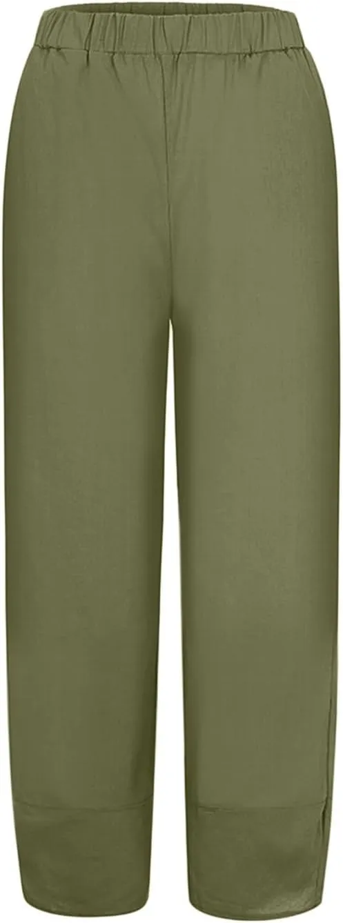Women Linen Blend Summer Casual Palazzo Lounge Pants Elastic Waist Stretchy Slim Fit Palazzo Lounge Pants