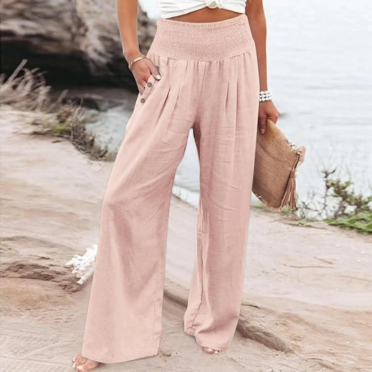 Women Linen Blend Summer Letter Patched Pant Trousers Elastic Waist Wide Leg Loose Fit Trouser Office