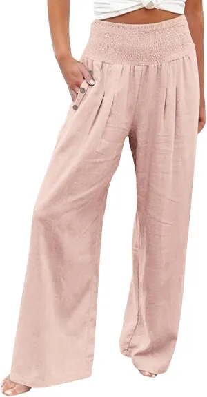 Women Linen Blend Summer Letter Patched Pant Trousers Elastic Waist Wide Leg Loose Fit Trouser Office