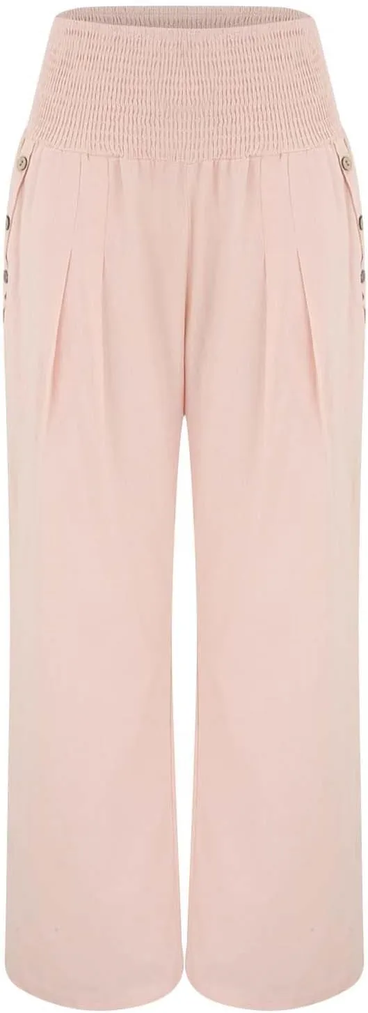 Women Linen Blend Summer Letter Patched Pant Trousers Elastic Waist Wide Leg Loose Fit Trouser Office