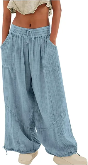 Women Linen Blend Summer Solid Pants Elastic Waist Baggy Stretchy Loose Fit Pant Trousers Business Work