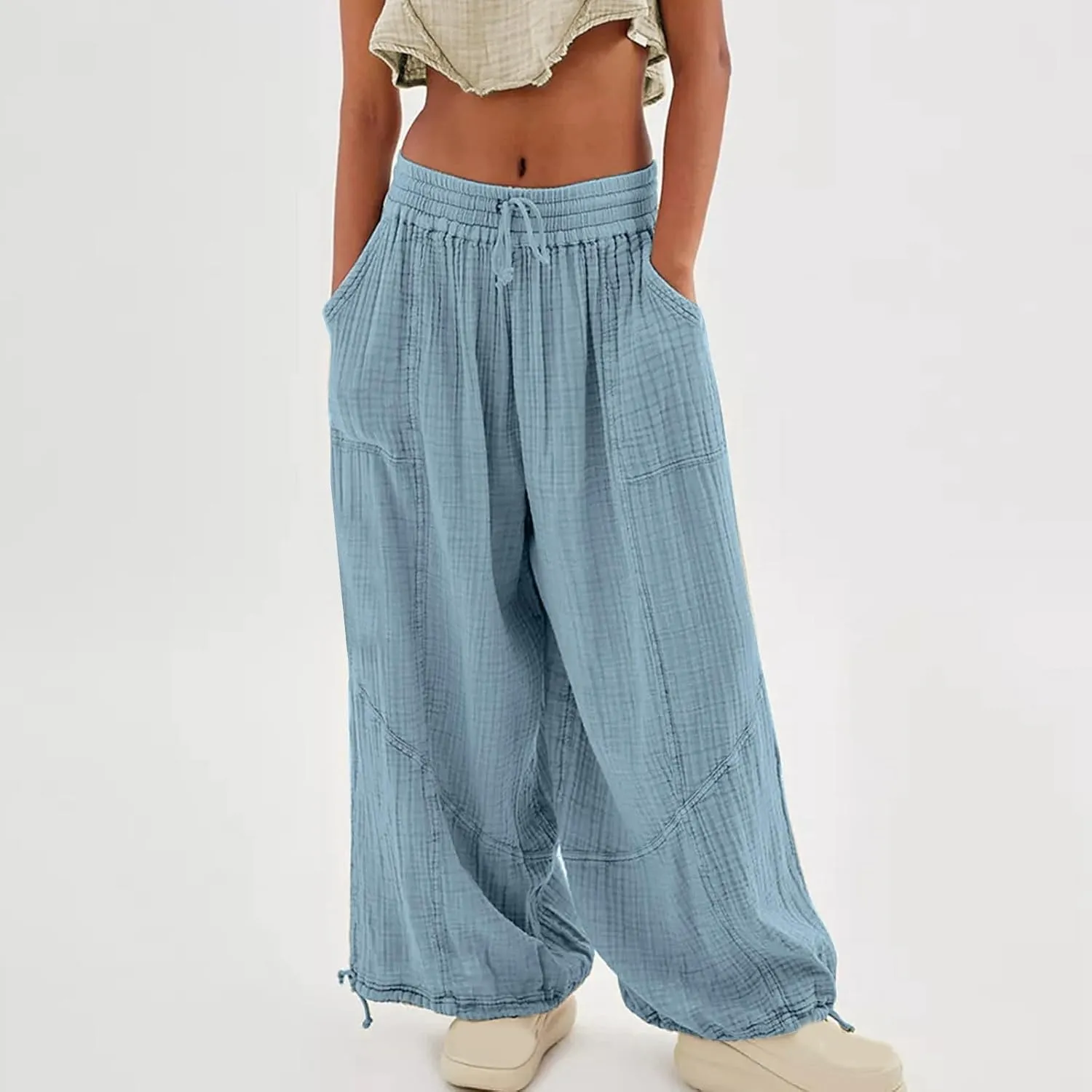 Women Linen Blend Summer Solid Pants Elastic Waist Baggy Stretchy Loose Fit Pant Trousers Business Work
