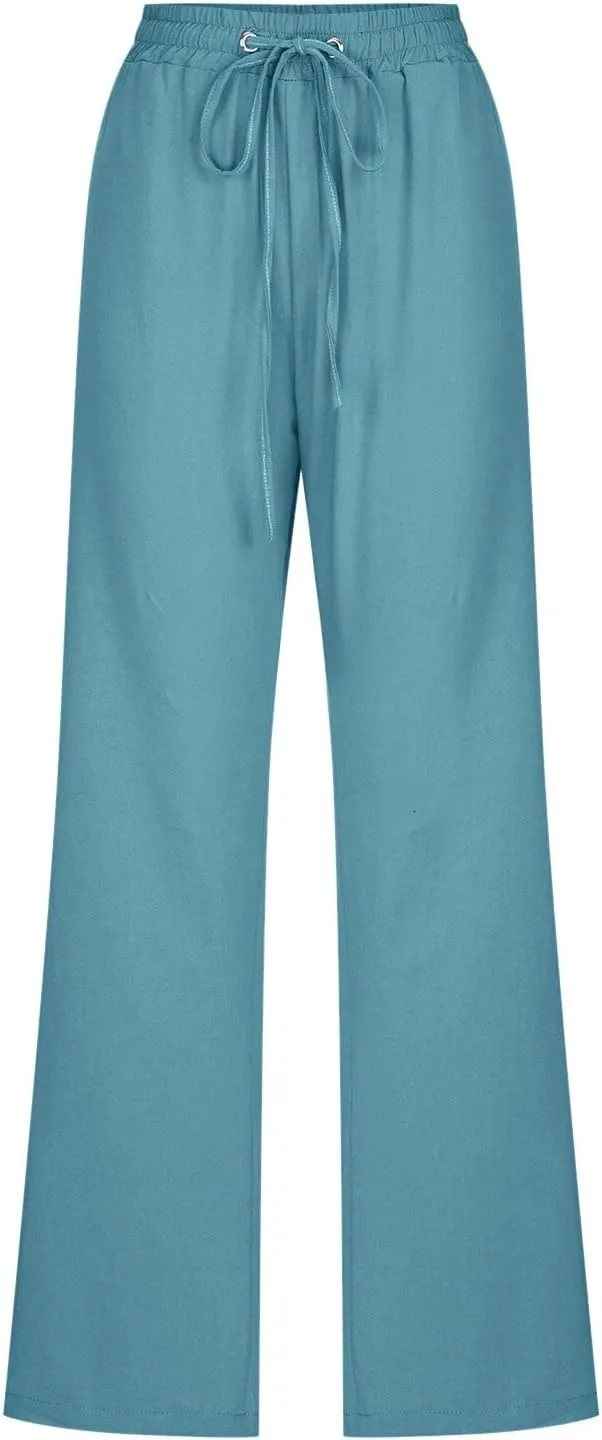 Women Linen Blend Summer Trendy Pants High Waist Stretchy Plus Size Palazzo Lounge Pants Business Work