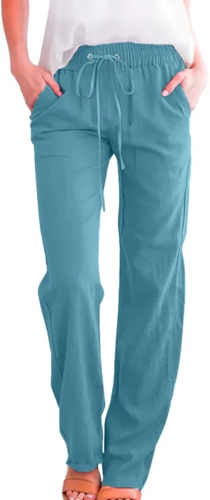 Women Linen Blend Summer Trendy Pants High Waist Stretchy Plus Size Palazzo Lounge Pants Business Work