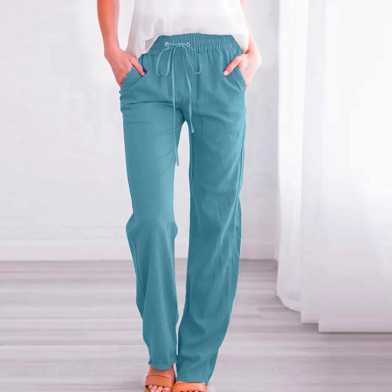 Women Linen Blend Summer Trendy Pants High Waist Stretchy Plus Size Palazzo Lounge Pants Business Work