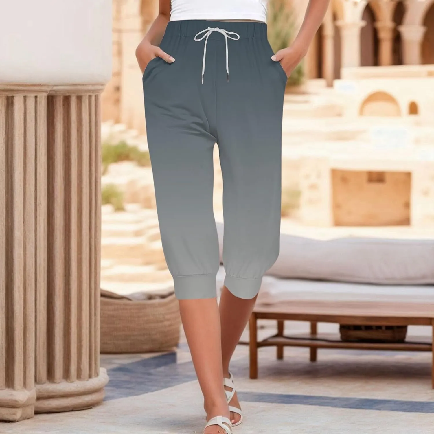 Women Linen Summer Baggy Palazzo Pants Elastic Waist Baggy Stretchy Slim-Fit Pant Trousers Work Business