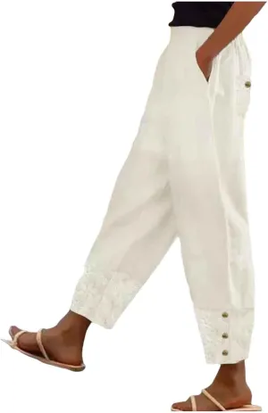 Women Linen Summer Floral Palazzo Lounge Pants Elastic Waisted Bootcut Slim-Fit Trouser Business Work