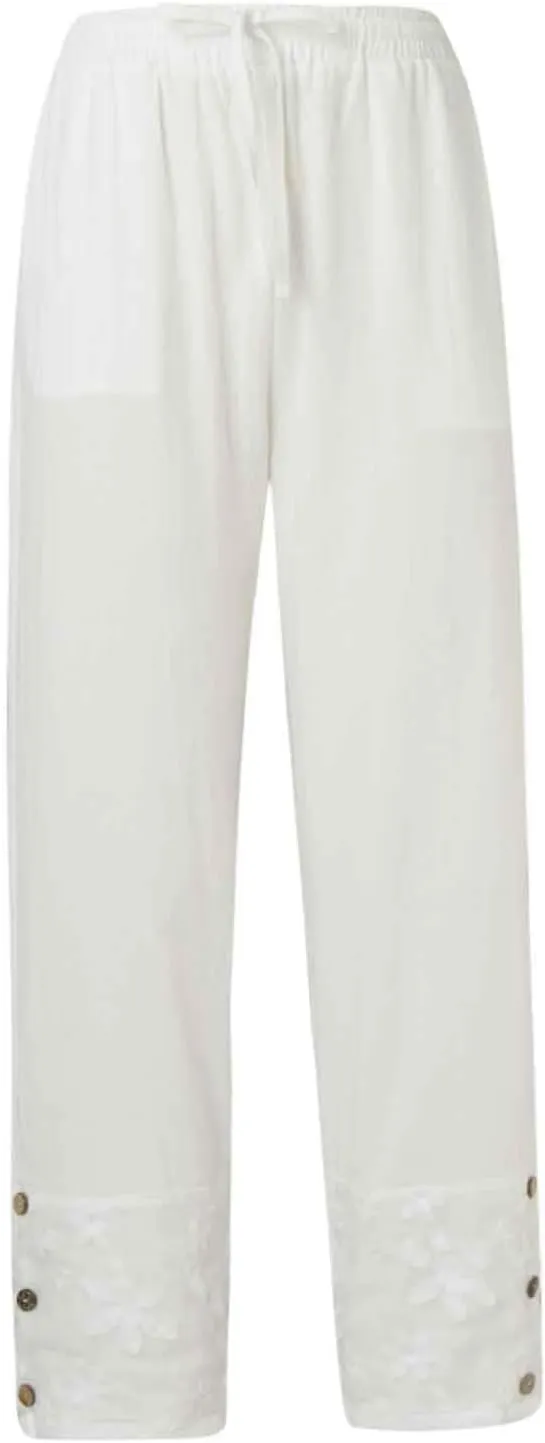 Women Linen Summer Floral Palazzo Lounge Pants Elastic Waisted Bootcut Slim-Fit Trouser Business Work