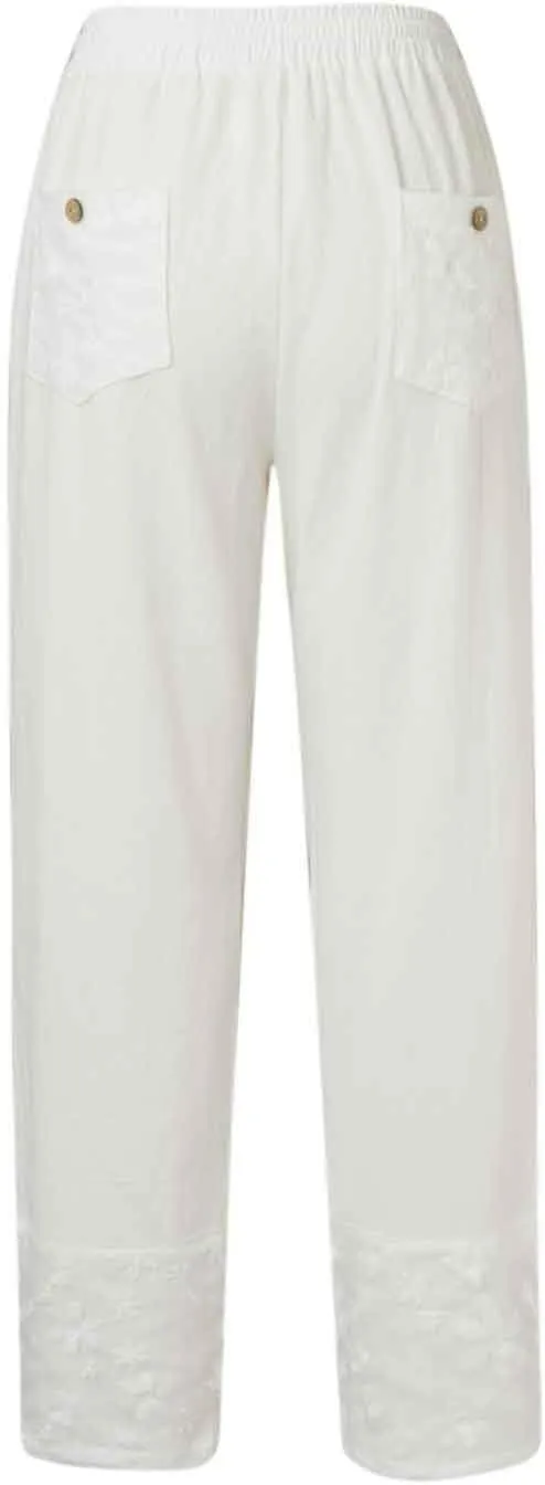 Women Linen Summer Floral Palazzo Lounge Pants Elastic Waisted Bootcut Slim-Fit Trouser Business Work