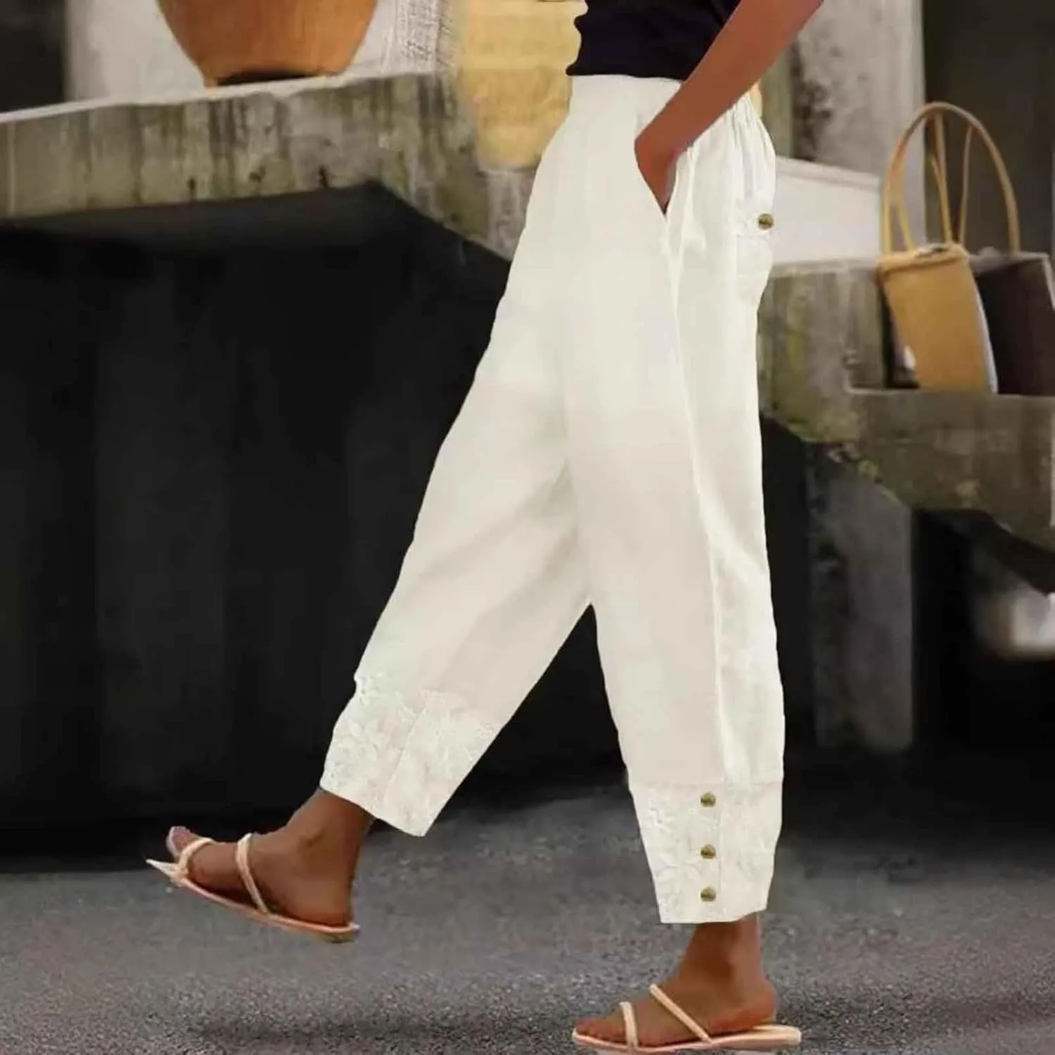 Women Linen Summer Floral Palazzo Lounge Pants Elastic Waisted Bootcut Slim-Fit Trouser Business Work