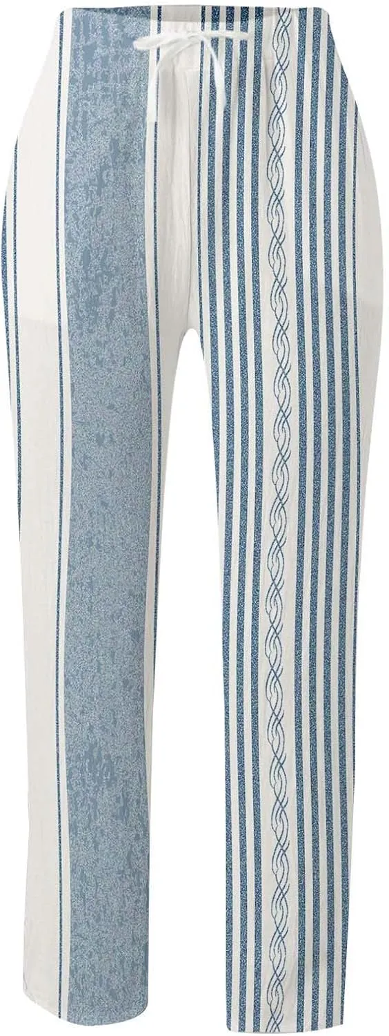 Women Linen Summer Pull On Pant Trousers Elastic Waisted Long Lounge Loose Fit Palazzo Lounge Pants Travel
