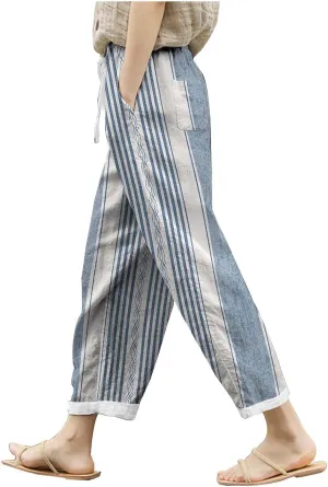Women Linen Summer Pull On Pant Trousers Elastic Waisted Long Lounge Loose Fit Palazzo Lounge Pants Travel
