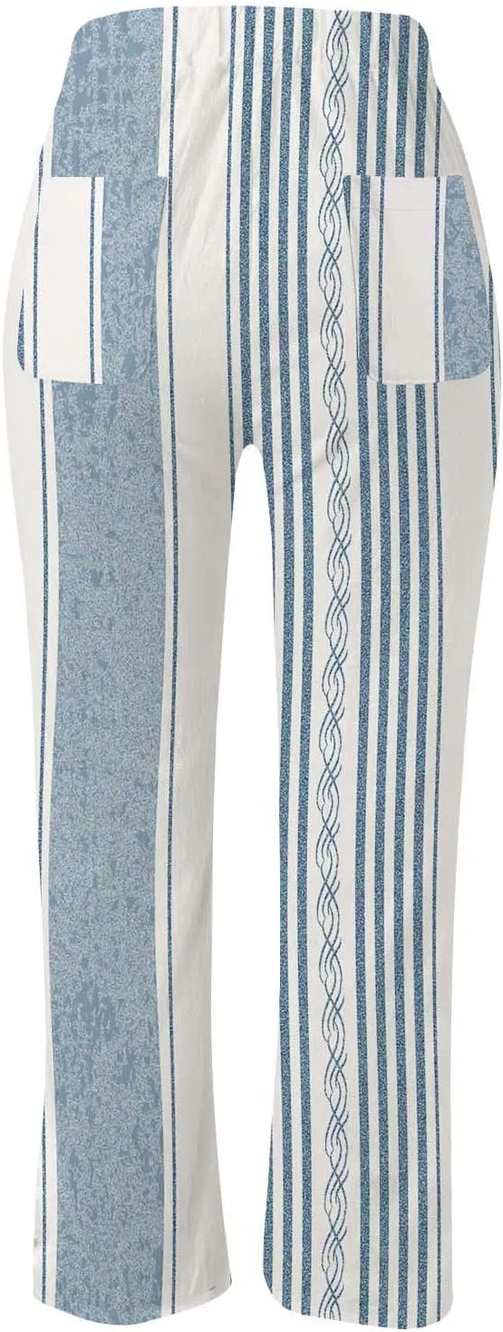 Women Linen Summer Pull On Pant Trousers Elastic Waisted Long Lounge Loose Fit Palazzo Lounge Pants Travel
