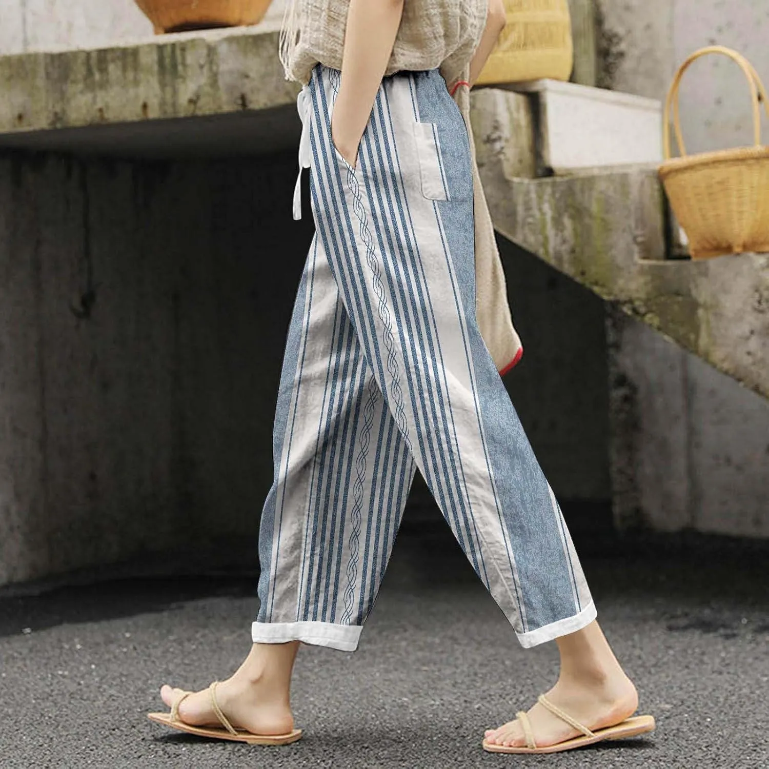Women Linen Summer Pull On Pant Trousers Elastic Waisted Long Lounge Loose Fit Palazzo Lounge Pants Travel