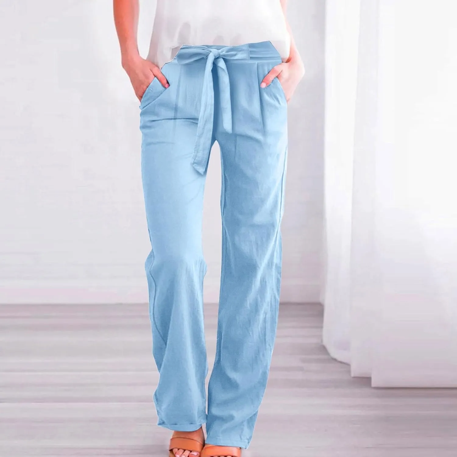 Women Linen Summer Tie Knot Palazzo Lounge Pants Elastic Waist Wide Leg Loose Fit Pants Travel