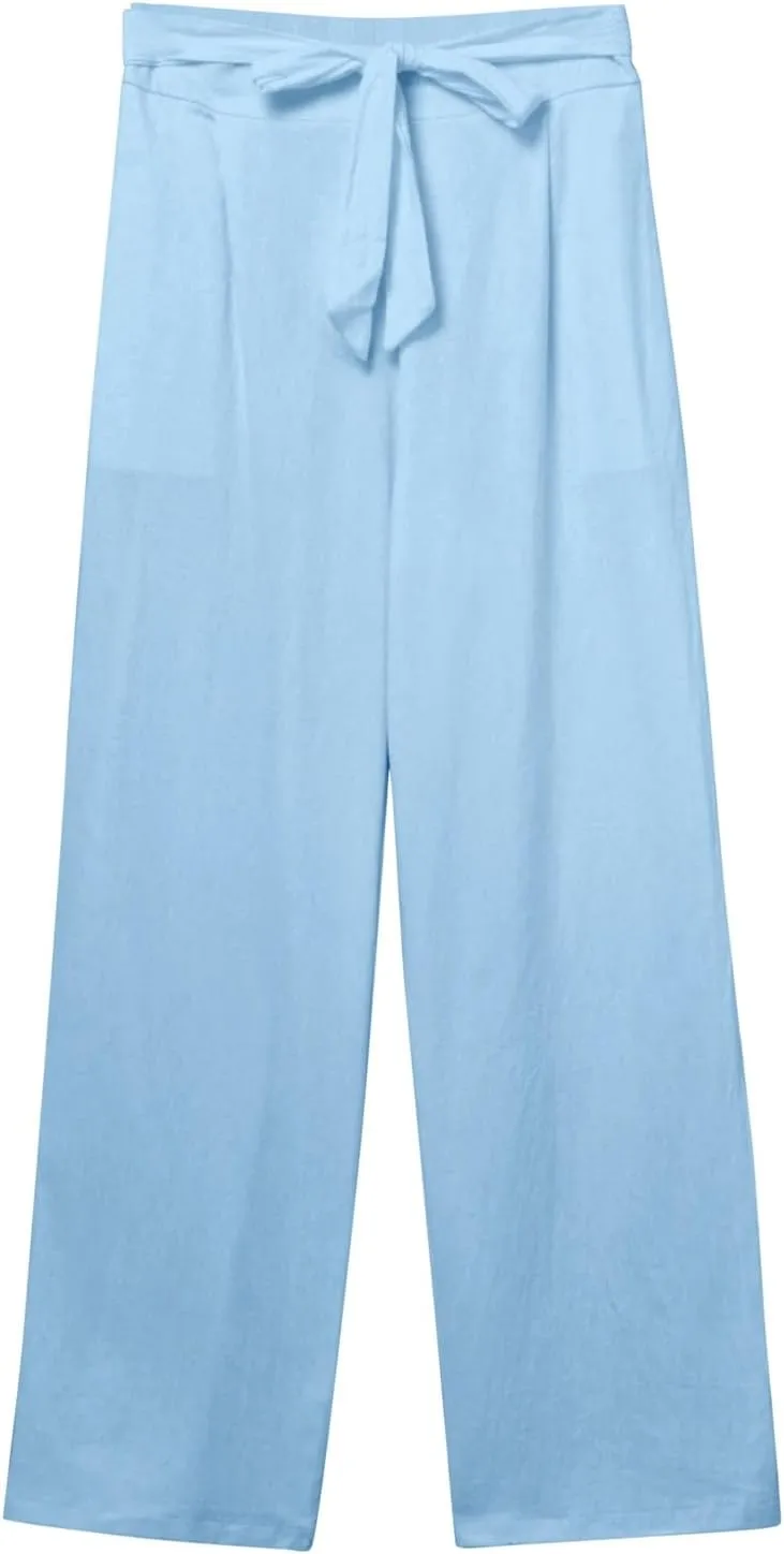 Women Linen Summer Tie Knot Palazzo Lounge Pants Elastic Waist Wide Leg Loose Fit Pants Travel