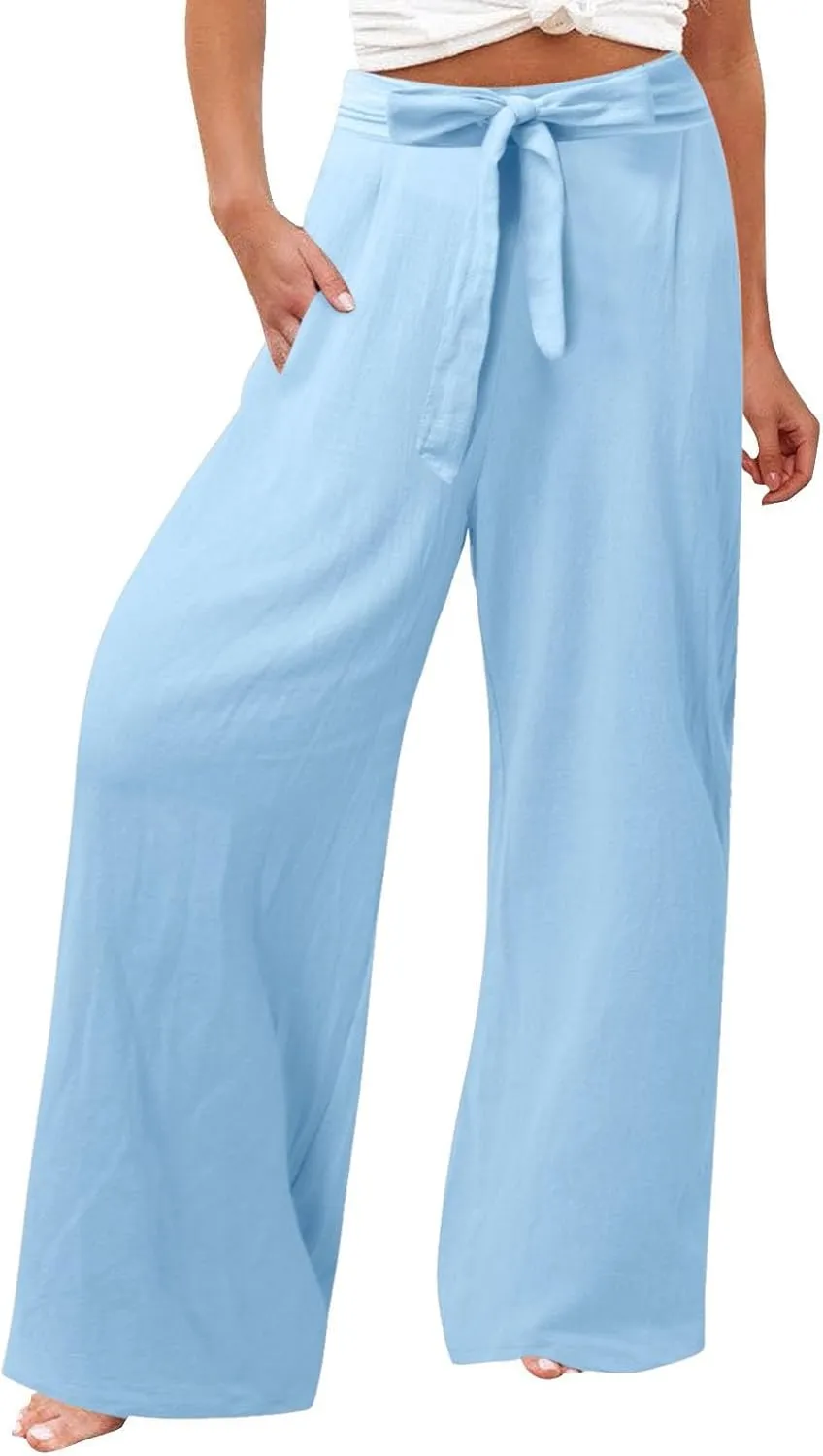 Women Linen Summer Tie Knot Palazzo Lounge Pants Elastic Waist Wide Leg Loose Fit Pants Travel
