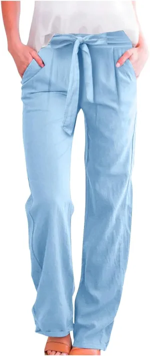 Women Linen Summer Tie Knot Palazzo Lounge Pants Elastic Waist Wide Leg Loose Fit Pants Travel