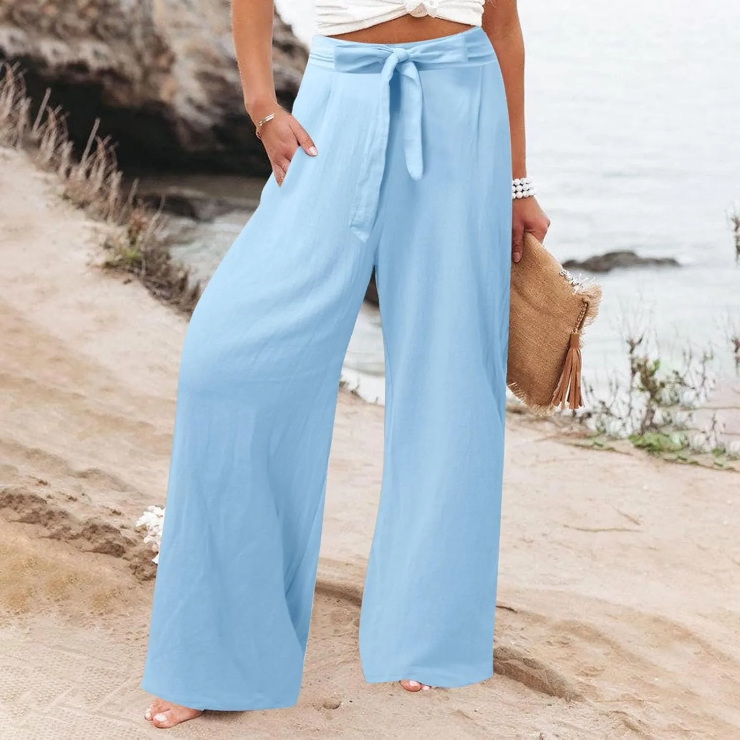 Women Linen Summer Tie Knot Palazzo Lounge Pants Elastic Waist Wide Leg Loose Fit Pants Travel