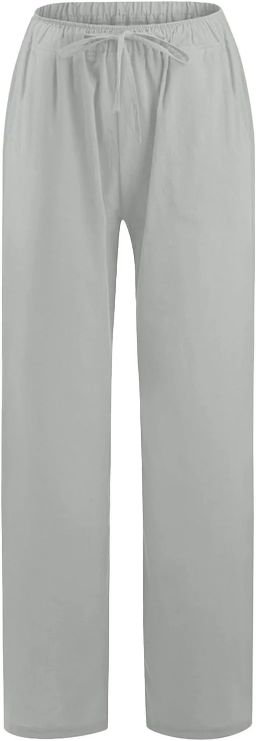 Women Linen Summer Y2K Fashion Pants Elastic Waist Wide Leg Loose Fit Palazzo Pants Office