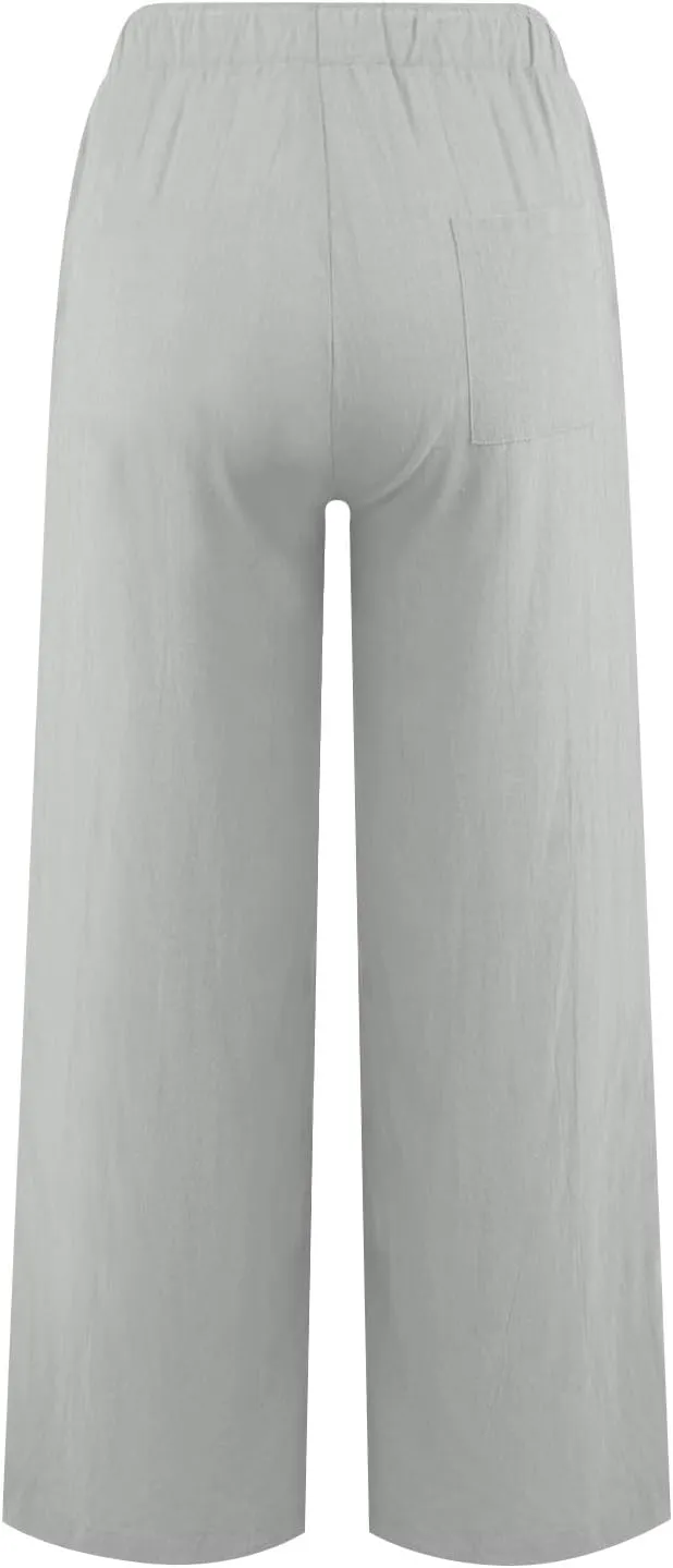 Women Linen Summer Y2K Fashion Pants Elastic Waist Wide Leg Loose Fit Palazzo Pants Office