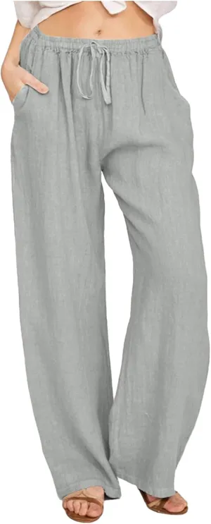 Women Linen Summer Y2K Fashion Pants Elastic Waist Wide Leg Loose Fit Palazzo Pants Office