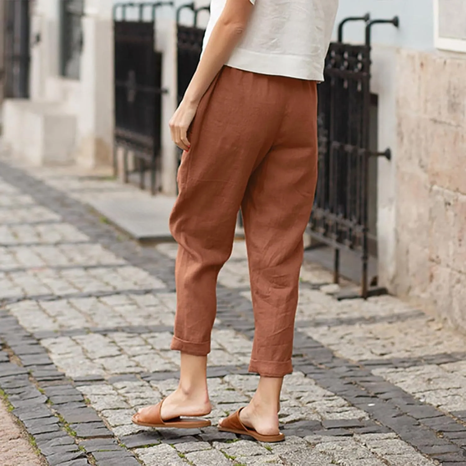Women Straight Wide Leg Capris Pants Cotton Linen Summer Cropped Trousers Breathable Casual Solid Dress Pants with Pockets