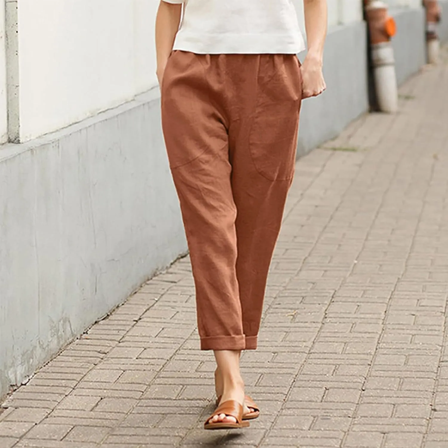 Women Straight Wide Leg Capris Pants Cotton Linen Summer Cropped Trousers Breathable Casual Solid Dress Pants with Pockets