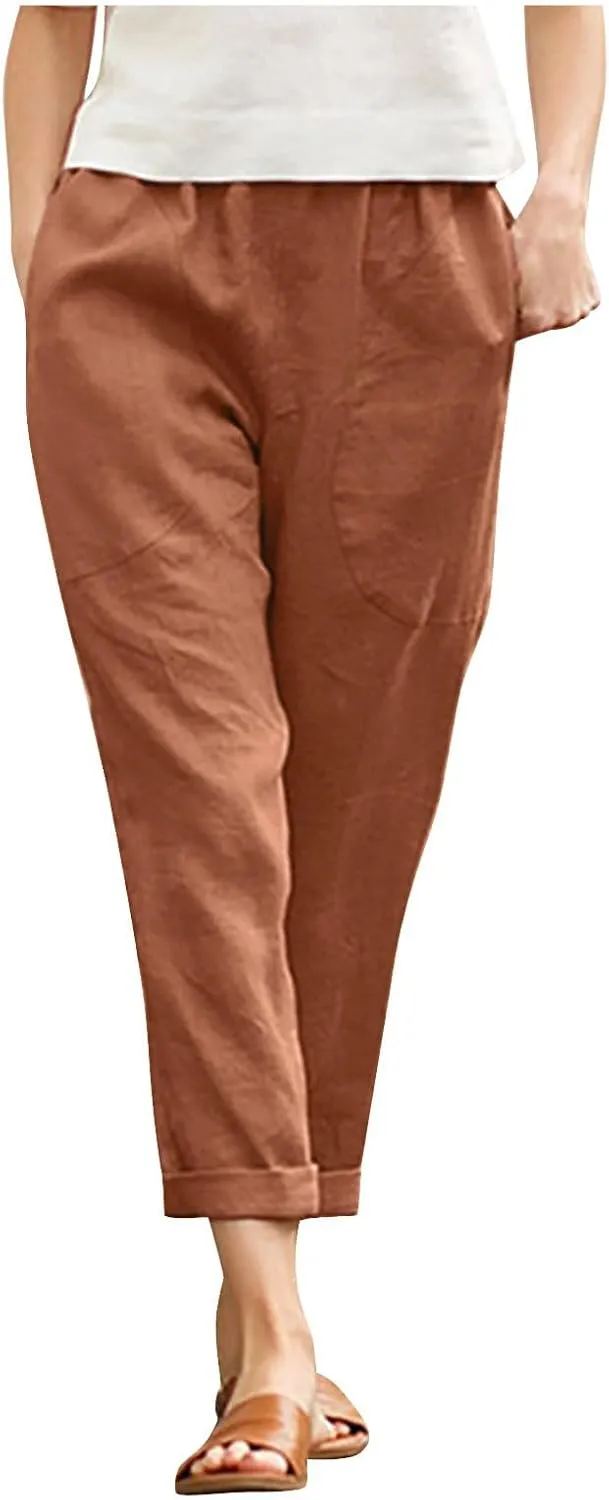 Women Straight Wide Leg Capris Pants Cotton Linen Summer Cropped Trousers Breathable Casual Solid Dress Pants with Pockets