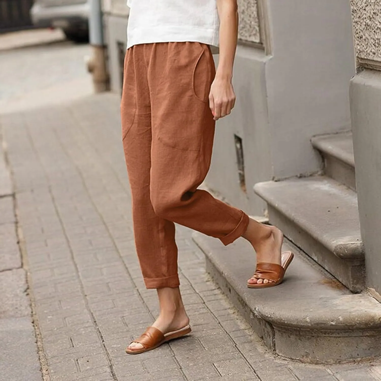 Women Straight Wide Leg Capris Pants Cotton Linen Summer Cropped Trousers Breathable Casual Solid Dress Pants with Pockets