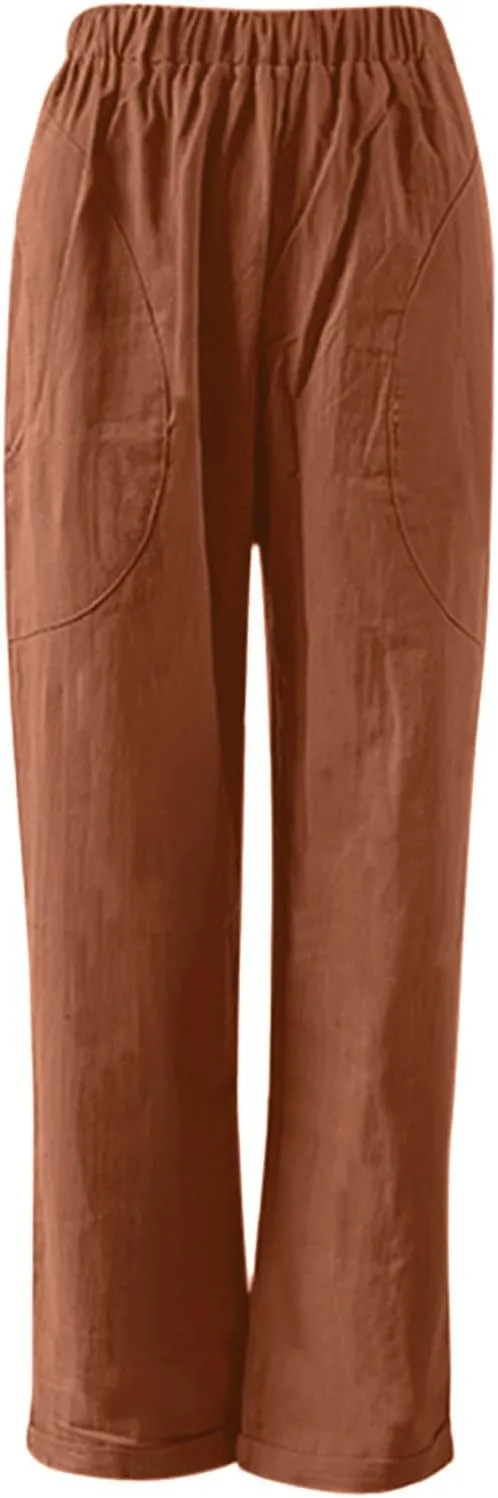 Women Straight Wide Leg Capris Pants Cotton Linen Summer Cropped Trousers Breathable Casual Solid Dress Pants with Pockets