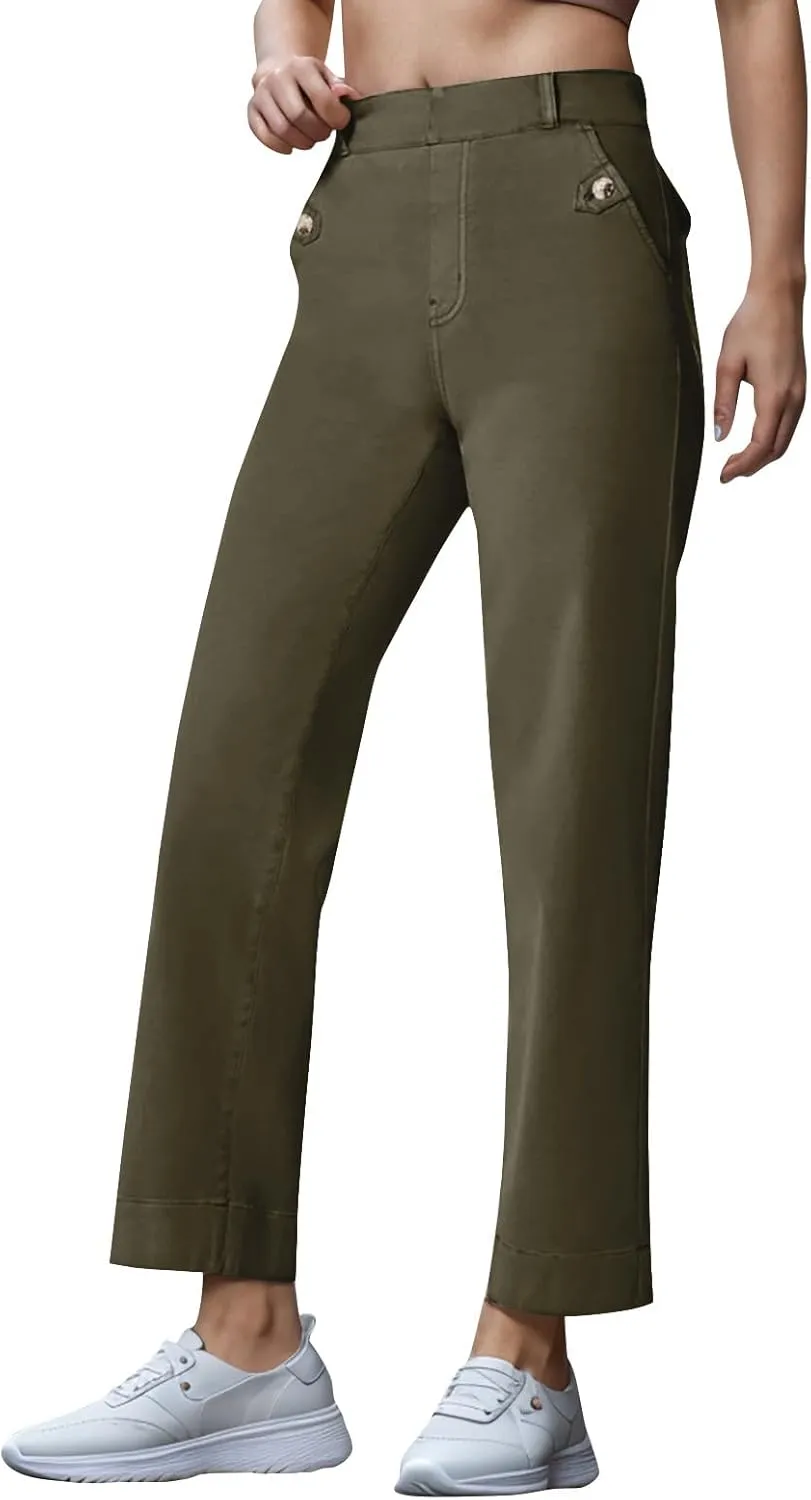 Women Stretch Twill Cropped Wide Leg Pant High Waist Casual Capri Pant Straight Leg Chino Pants Baggy Ankle Jeans