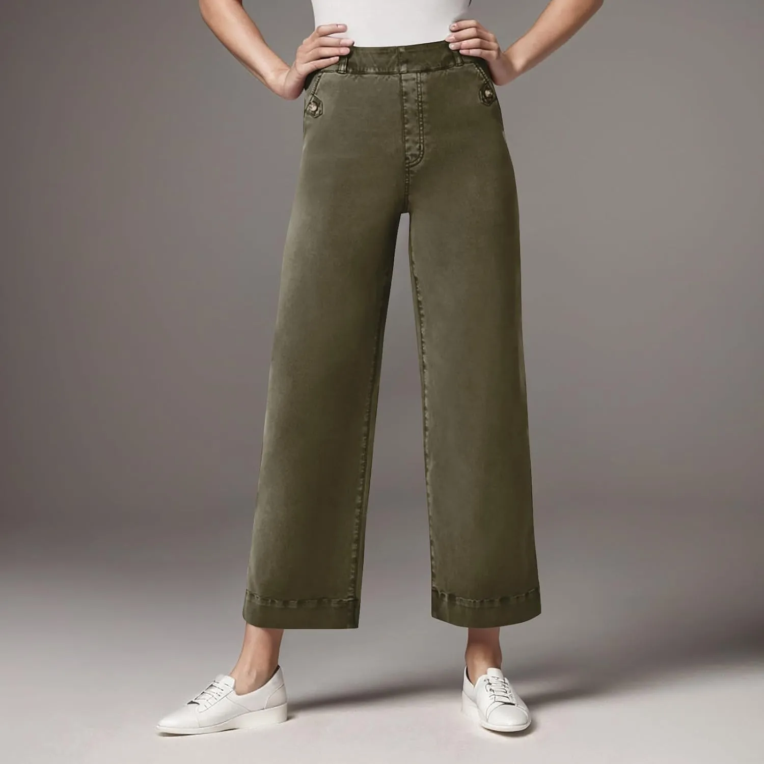 Women Stretch Twill Cropped Wide Leg Pant High Waist Casual Capri Pant Straight Leg Chino Pants Baggy Ankle Jeans
