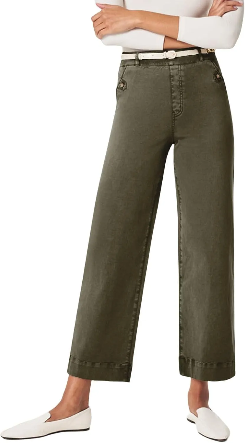 Women Stretch Twill Cropped Wide Leg Pant High Waist Casual Capri Pant Straight Leg Chino Pants Baggy Ankle Jeans