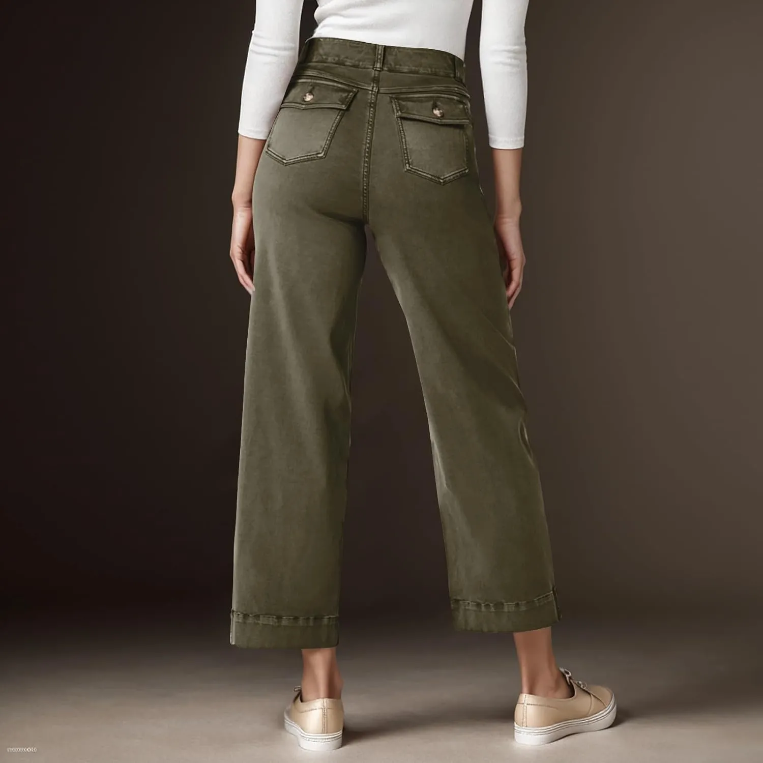 Women Stretch Twill Cropped Wide Leg Pant High Waist Casual Capri Pant Straight Leg Chino Pants Baggy Ankle Jeans