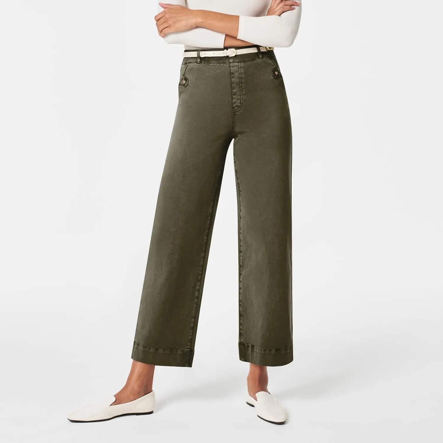 Women Stretch Twill Cropped Wide Leg Pant High Waist Casual Capri Pant Straight Leg Chino Pants Baggy Ankle Jeans