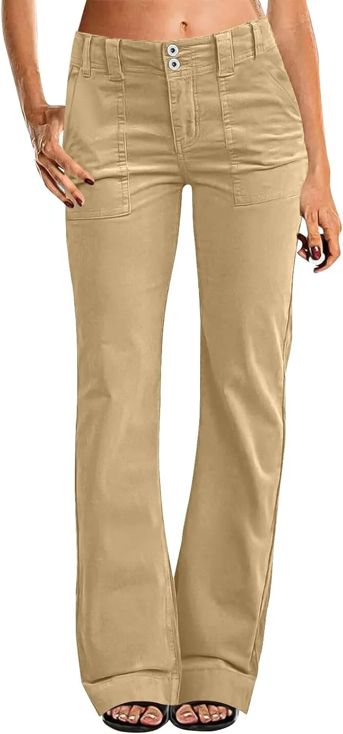 Women Stretch Twill Wide Leg Pants Casual Straight Leg Chino Pants High Waisted Dressy Flare Pants with Pockets