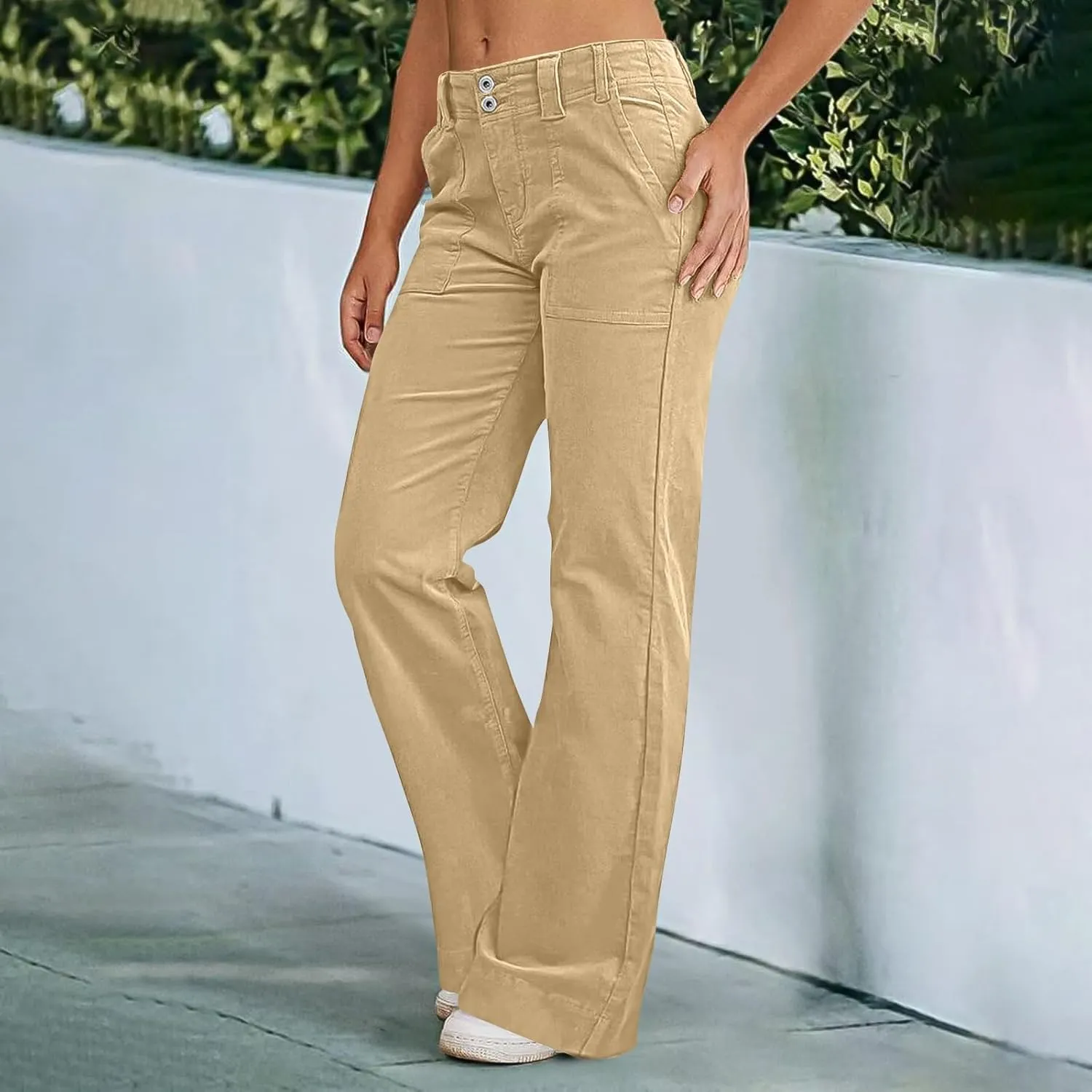 Women Stretch Twill Wide Leg Pants Casual Straight Leg Chino Pants High Waisted Dressy Flare Pants with Pockets