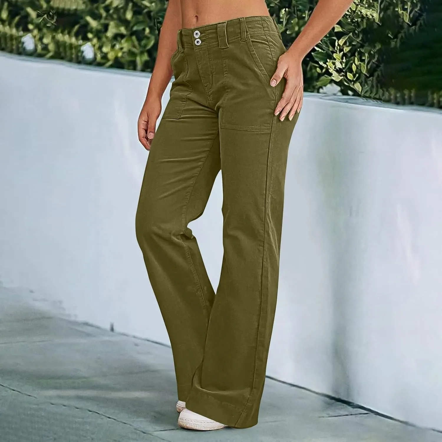 Women Stretch Twill Wide Leg Pants Casual Straight Leg Chino Pants High Waisted Dressy Flare Pants with Pockets