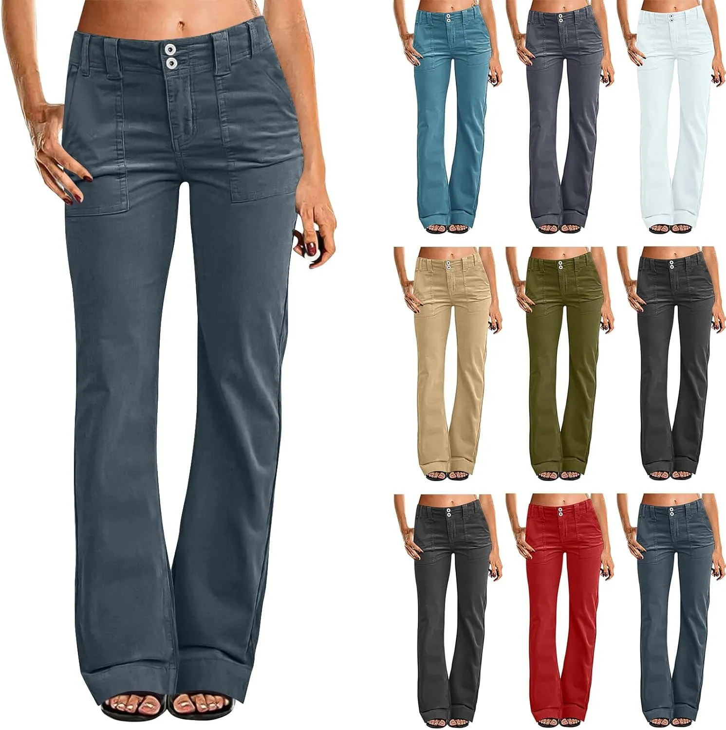 Women Stretch Twill Wide Leg Pants Casual Straight Leg Chino Pants High Waisted Dressy Flare Pants with Pockets